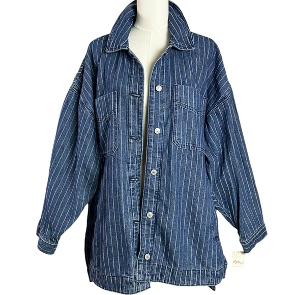 Free People Madison City Pinstripe Denim Jacket Indigo City Stripe Large NWT - Picture 7 of 13